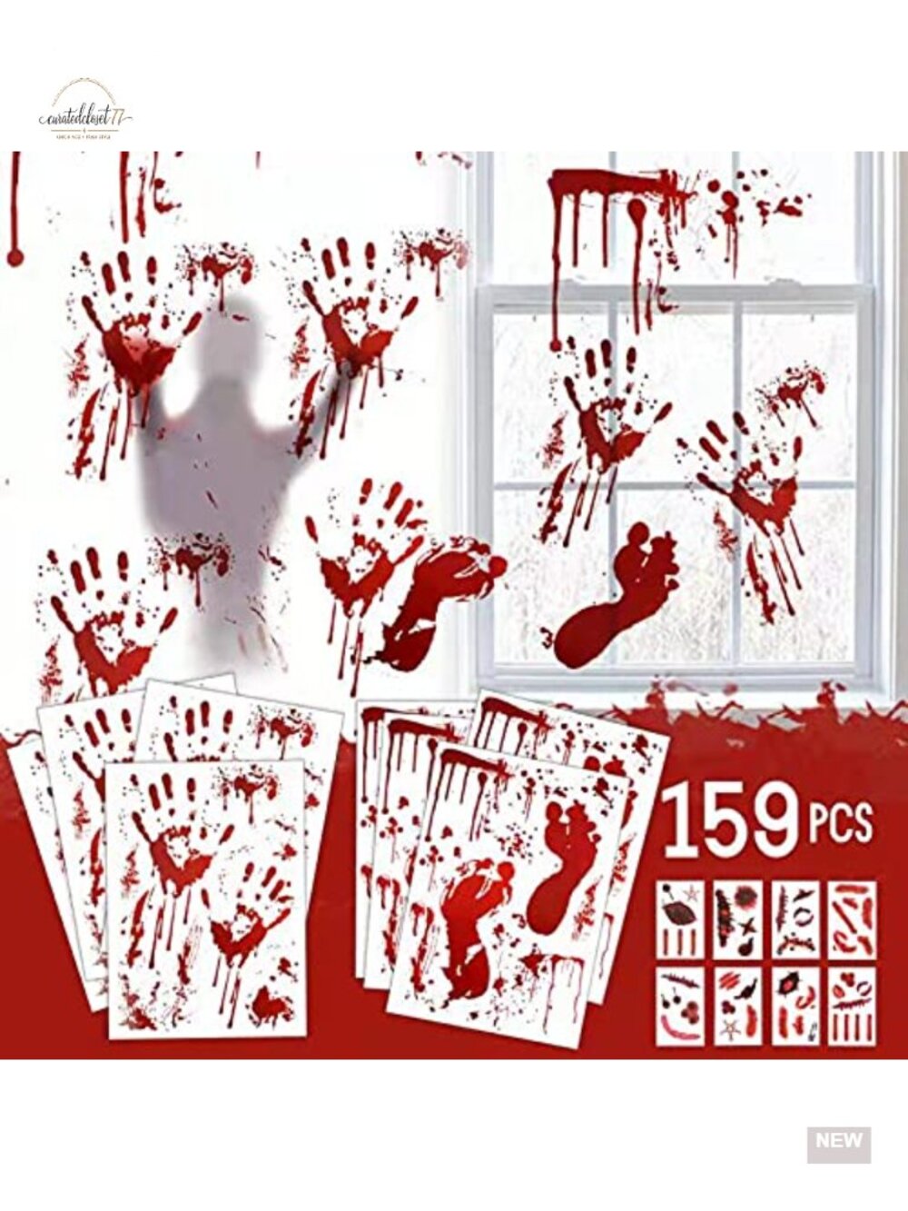 159 PCS Halloween Decorations Window Stickers Bloody Handprint Footprint Tattoo